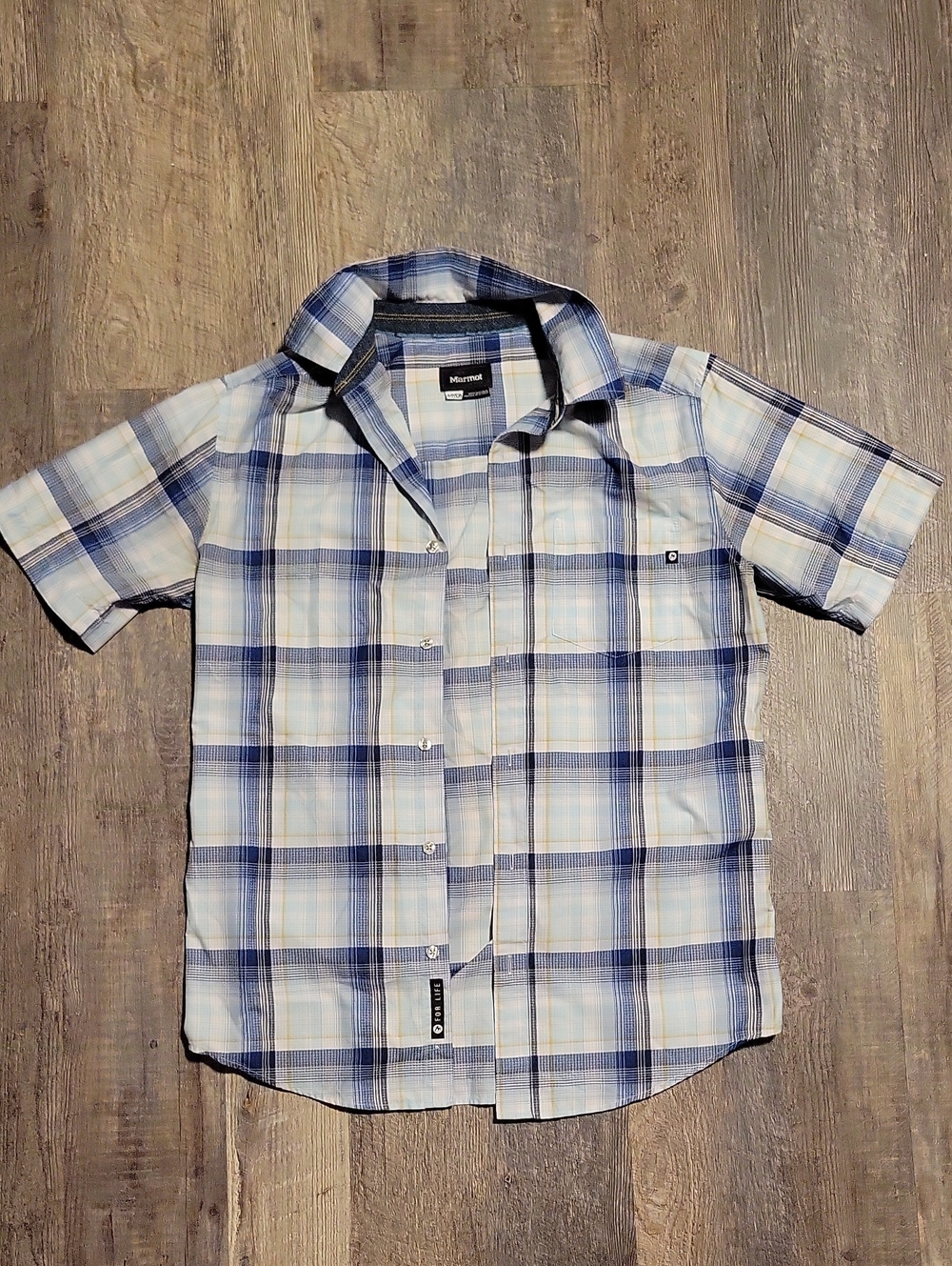 Marmot Short-Sleeve Blue and White Plaid Button-Up Shirt